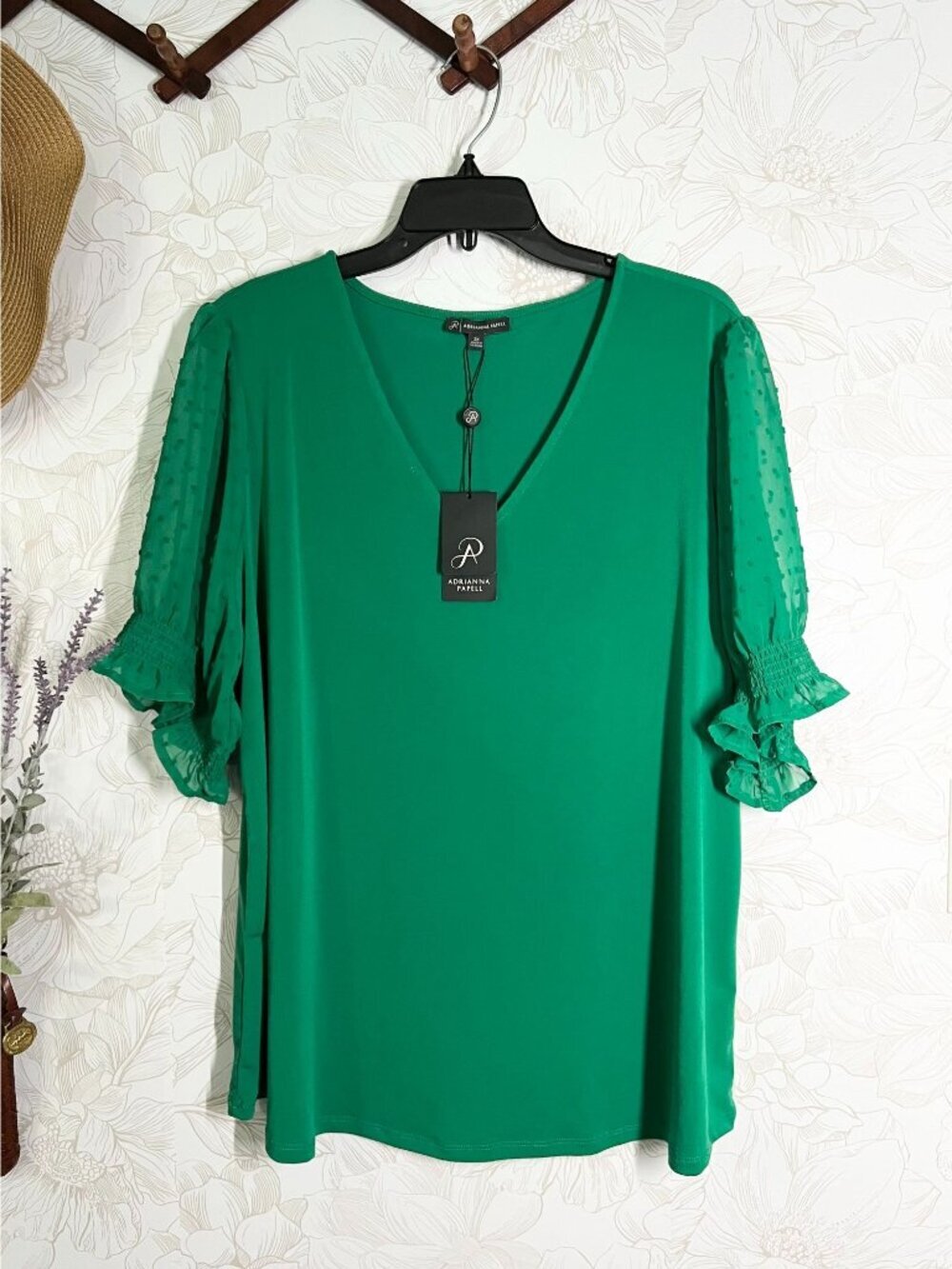 Adrianna Papell Solid Knit Crepe Clip Dot V-Neck Top Vivid Green 2X